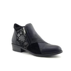 Thyme & Co Demi Ankle Boot Black Leather Suede Flowers