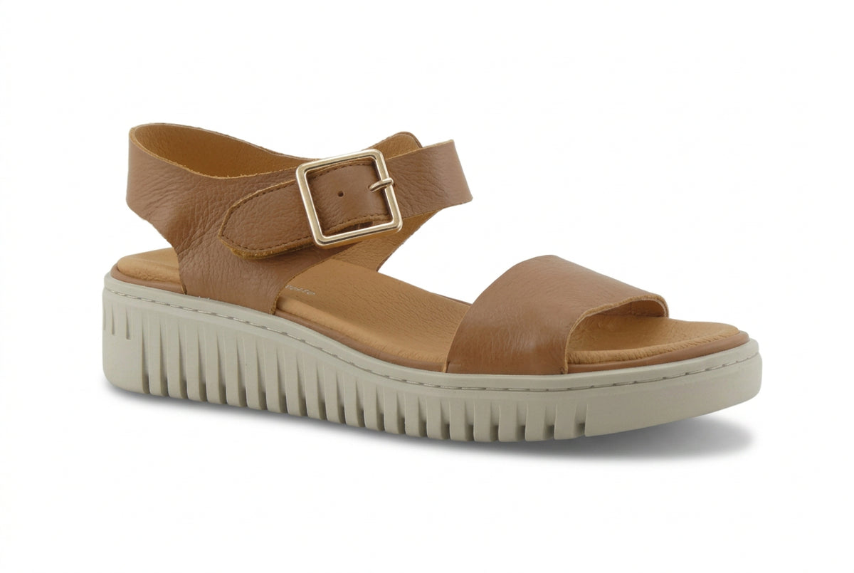 Django & Juliette Ivrit Dark Tan Almond ankle strap sandal with chunky square buckle- Shays Shoes Brisbane